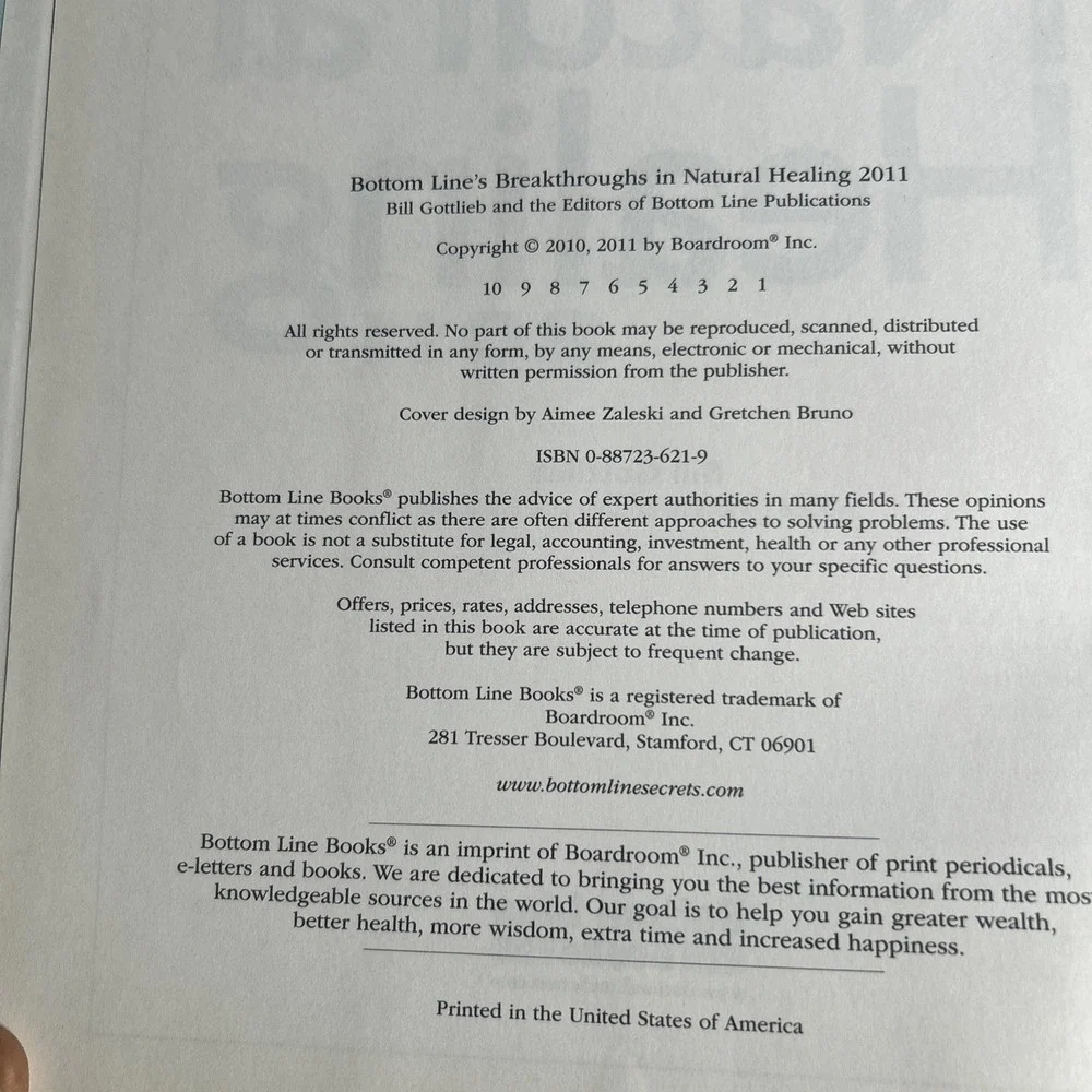 Bottom Line's Breakthroughs In Natural Healing Book 2011 Hardcover